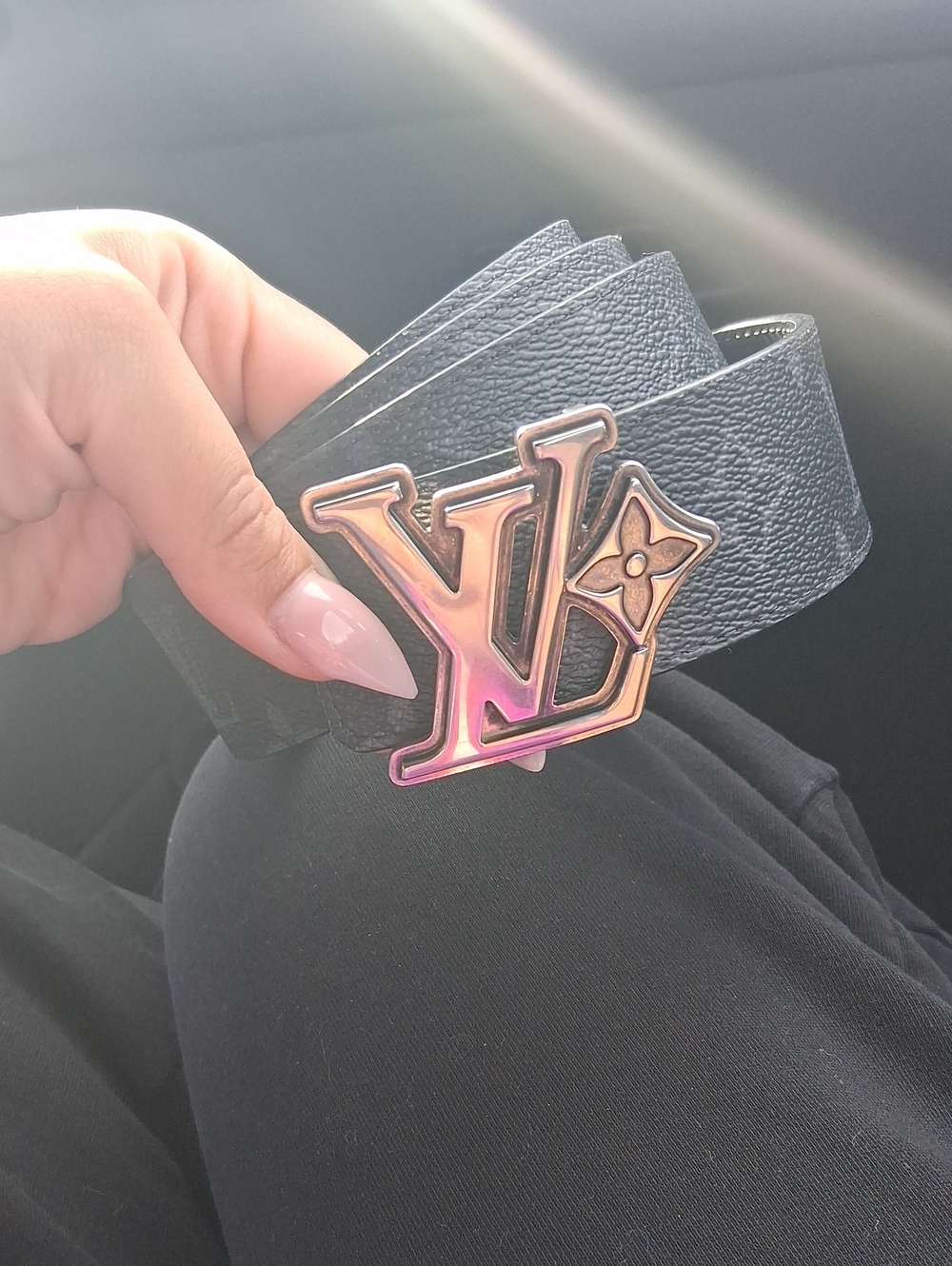 Louis Vuitton Black Leather Belt with Iridescent LV Buckle